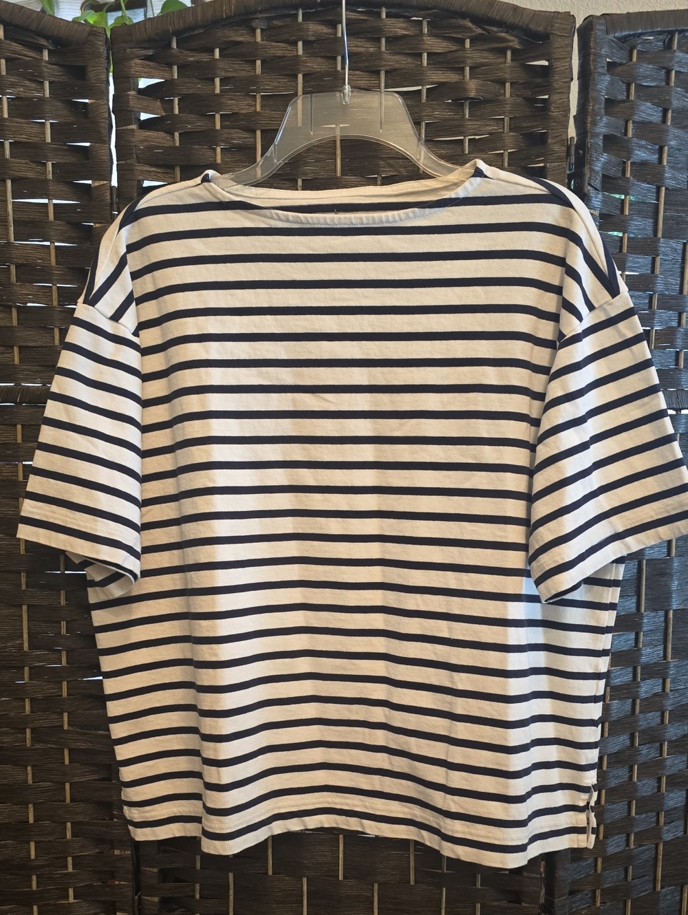 Classic Navy and White Striped Women’s Boatneck Shirt, Size Large, EUC
